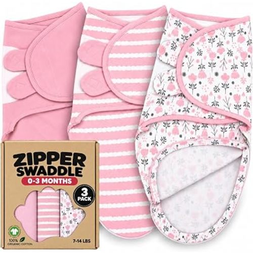 Organic Zipper Swaddle Sleep Sacks – 3-Pack Swaddles for Newborns 0-3 Months, Adjustable & Breathable Infant Sleep Sack, Easy Diaper Change Swaddling Blanket for Baby Girls & Boys