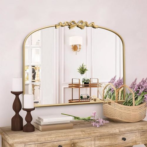 Besdomus Vintage Arched Large Mirror: 36"x29" Gold Bow Decorative Mirror | French Baroque Metal Framed - Traditional Ornate for Entryway/Fireplace/Bathroom/Living Room - Ideal for Home Renovations