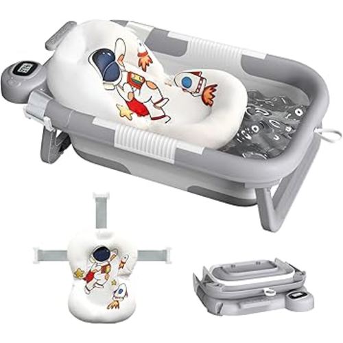 Collapsible Baby Bathtub for Newborn to Toddler (0-24 Months), Portable Baby Bath Tub for Travel, Newborn Bathtub with Soft and Supportive Cushion (Astronaut-Gray)
