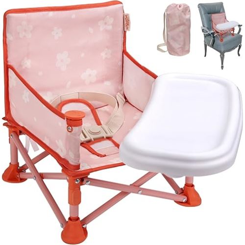 Tiny Marvels Portable 3-in-1 Baby Chair, Cozy Booster Seat, Baby Seat with Tray, Compact Foldable, Toddler Chair with Child Safety Belt Carry Bag, Perfect for Travel (Blush Petals)