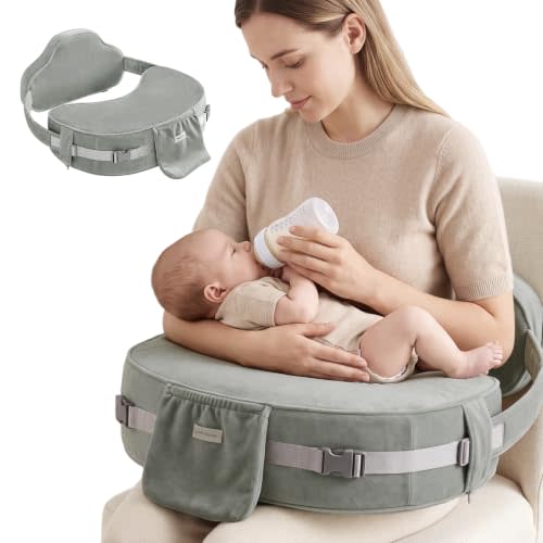 Blissful Diary Nursing Pillow for Breastfeeding - Deluxe - Grey | Soft yet Supportive Dual-layer Foam Design, Ergonomic Lumbar & Arm Cozy, Handy Side Pocket, Washable Cover