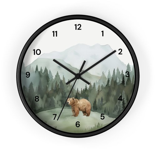 Watercolor Bear and Mountain Wall Clock, Adventure Theme Nursery, Woodland Animal Clock, Woodland Nursery Decor, Mountain Nursery Decor