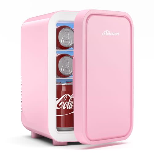 BEICHEN Mini Fridge,6 Liter / 8 Can Small Fridge for Bedroom, Car, Office & Dorm, AC100-120 V/DC 12 V Portable Thermoelectric Cooler & Warmer for Skincare, Food, Drinks,Pink