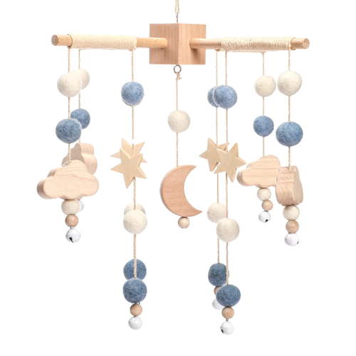 HYPERLIVING Baby Crib Mobile Decor - Wooden Moon and Stars Nursery Mobiles with Cloud for Bassinet Starry Night Handmade Soft Felt Beads Hanging Wind Chime Toys Pendant for Infant Newborn Boy and Gir