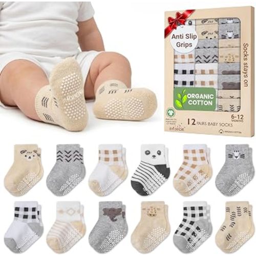 GOTS Organic Cotton Blend 12 Baby Socks with Grips 0-6 M Girl Non Slip Gift