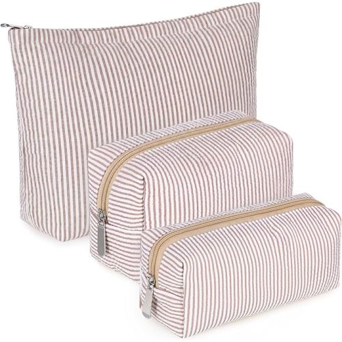 Huhumy 3 Pc Seersucker Makeup Bag Set for Women, Khaki, Thin Striped