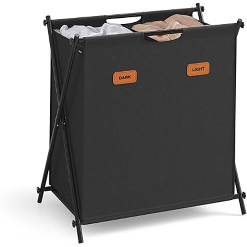 SONGMICS Laundry Hamper, Laundry Basket, 30.4 Gal. Laundry Sorter 2 Sections, Collapsible X-Frame, Clothes Organizer with Customizable Labels, Laundry Room, Bedroom, Bathroom, Ink Black ULCB120B01