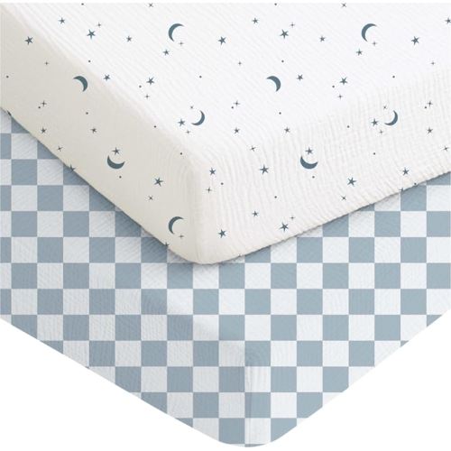 Konssy Muslin Crib Sheets for Boys, Soft Cotton Neutral Baby Sheets for Standard Crib Mattress 2 Pack, 52"x28" (Dreamfield Sky,Baby Blue Plaid)