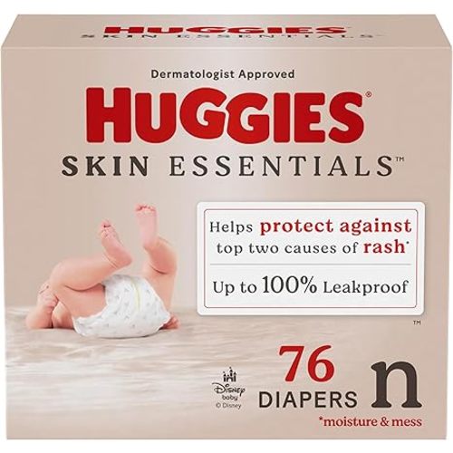 Huggies Size Newborn Diapers, Skin Essentials Baby Diapers, Size Newborn (6-9 lbs), 76 Count, Packaging May Vary