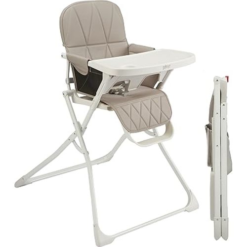 Primo PopUp Folding High Chair (for Baby Age 6 to 36 Months) Taupe Folding Beach Chair Style High Chair with Removable Dishwasher Safe Tray, 3pt Safety Harness, Leatherette Seat – Space Saving Design