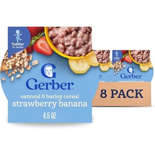 Gerber Toddler Food, Baby Food, Breakfast Oatmeal with Barley, Strawberry Banana Flavor, Cereal, Iron Helps Support Brain Development, 8 Pack