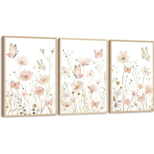 ACWOWO Pink Floral Butterfly Prints, Nursery Wall Art Poster