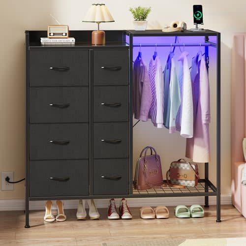 HIGDBFE 8-Drawer Dresser with Hanging Rack for Bedroom, Black, 11.8" D | 2 AC Outlets&2 USB Ports, RGB LED Lights, Fabric Drawer, Storage Shelf, Wooden Top and Bottom Shoe Storage for Small Space