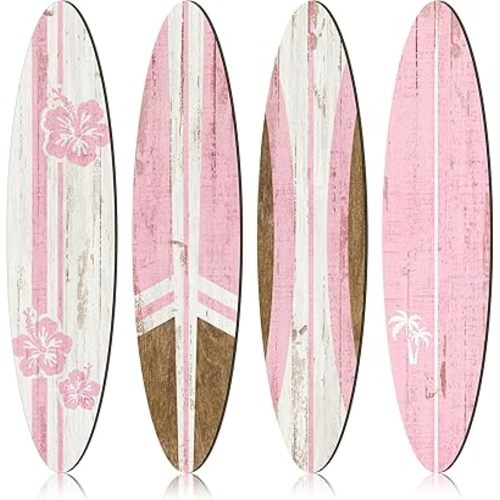 Threan 4 Pcs Large Surfboard Wall Decors Girls Boys Wooden Beach Room Decor 23.6" x 5.4" Preppy Surf Board Hanging Signs Aesthetic Tropical Wall Art for Bedroom Living Room Bathroom Decors(Pink)