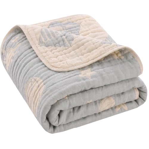 Muslin Baby Blanket Organic Cotton Blend Jacquard (Grey Ocean,43") | 43x43 Inches, Reversible 6-Layer Weave, Sensory Jacquard texture, Minimalist Modern Neutral, Crib Quilt Gift, Kraft Box