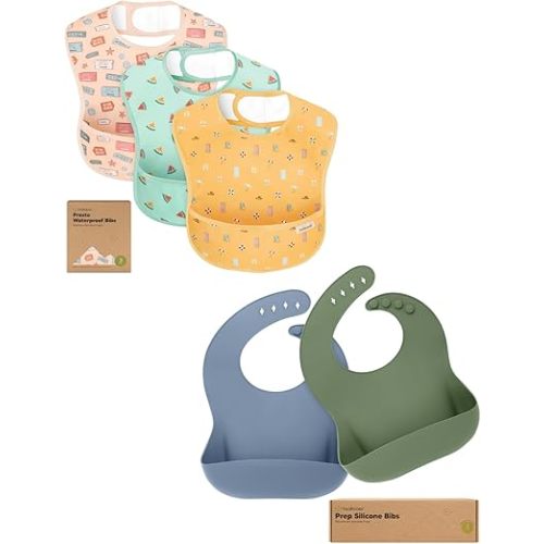 Keababies 3-Pack Waterproof Baby Bibs for Eating and 2-Pack Baby Silicone Bibs - Lightweight Bib with Food Catcher - Waterproof, Easy Wipe Silicone Food Catcher for Toddlers