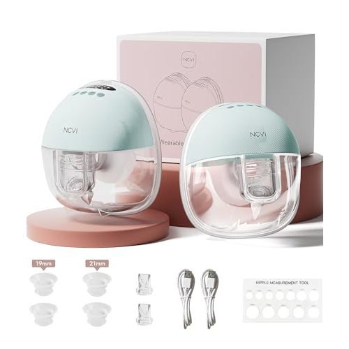 NCVI Wearable Breast Pump Hands Free, Portable Electric Breastfeeding Pump with 1400mAh Battery, Quiet Operation, Smart LED Display, 4 Modes & 9 Levels, 19/21/24mm Flanges, 2 Pack, Green