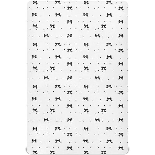 Fitted Crib Sheets Black Bow Dot White Stretchy Portable Playard Sheets for Baby Toddler, Breathable Soft Mini Crib Mattress 39 x 27 in for Boys and Girls