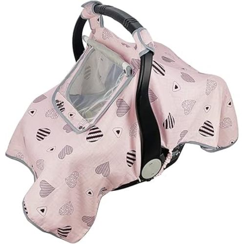 Car seat Covers for Babies, Infant Carseat Canopy for Newborn Carrier, Kick Proof Yet Anti-Slip Design, Muslin, fit Summer, Spring, Autumn, Pink Heart, Perfect for Girl;