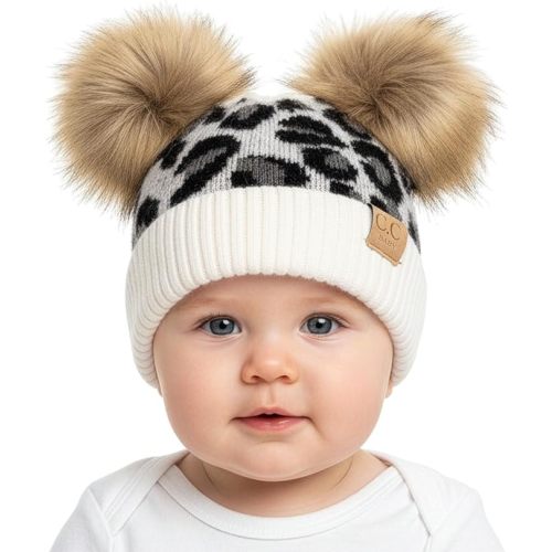 Funky Junque Double Pom Pom Baby Beanie – Newborn Girl Winter Hat 0–12 Months, Cute Cozy Knit Infant Beanies for Cold Weather