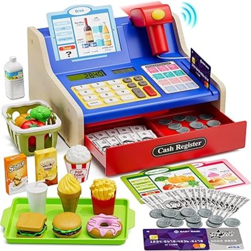 Rechargeable Wooden Cash Register for Kids, Toddler Learning Toys Blue