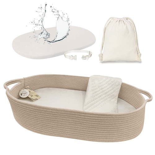 Baby Changing Basket with Pads and Safety Belt- 100% Cotton Boho Baby Moses Basket Changing Table and Thick Pad with Waterproof Mattress Cover, Nursery Decor in Taupe Color with Storage Bag