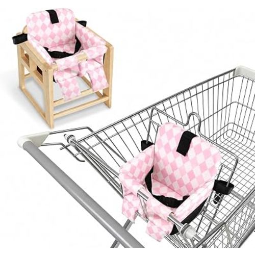 Portable Baby Shopping Cart Seat, High Chair Cover for Outdoor, One-Hand Installation Cart Seat Cover, Padded with Comfort Foam – Pink Rhombus