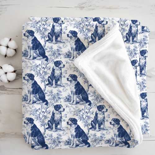 Greater Swiss Mountain Dog Blue Chinoiserie Toile De Jouy Bed Fleece Blanket, Custom Blanket For Dog Moms & Dads Sofa Throw Mother Day Gift