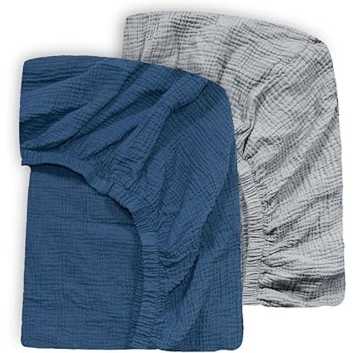Ultra Soft Muslin Crib Sheets for Baby, Premium Breathable Organic Cotton Crib Fitted Sheet for 52’’x28’’Standard Crib and Toddler Mattress,Grey&Navy Blue
