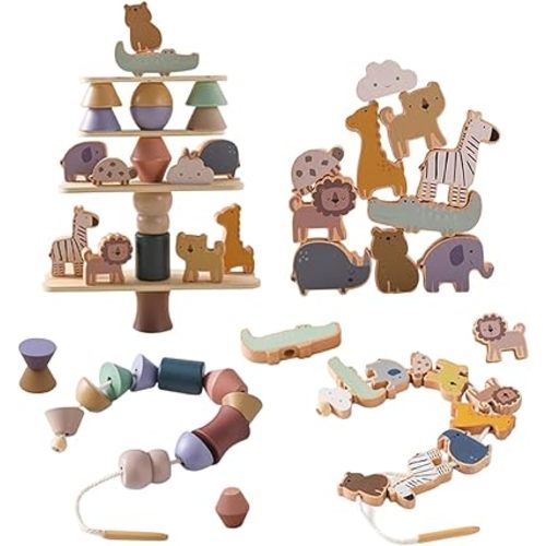 Wooden Animals Threading Toys Lacing Beads for 3+,Stacking Blocks Balance Game,Family Educational Preschool Learning Toy, Preschoolers Montessori Classroom Activities,Ideal Gift for Kids