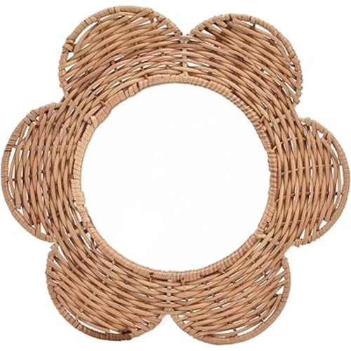Boho Style Hanging Wall Mirror, Handwoven Rattan Mirror Wall Decor, Boho Flower Shape Round Mirror Sunburst Art for Living Room Bedroom Decor