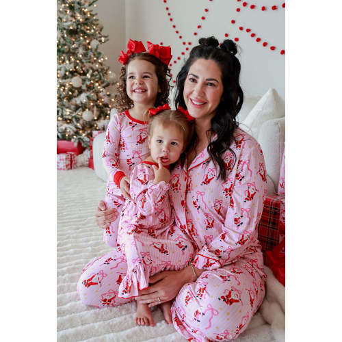 Women's Christmas Two-Piece Flare Lounge Set in Jolly Ribbons | Caden Lane