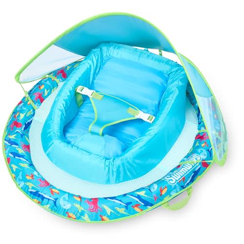 SwimWays Infant Spring Float, Baby Pool Float with Canopy & UPF Protection, Swim Training PFD, Swimming Pool Accessories for Babies 3-9 Months