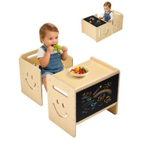 Montessori 3 in 1 Weaning Table and Chair Set with Chalkboard Adjustable Height Natural