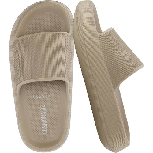 CUSHIONAIRE Feather EVA Slides for Women – Comfortable Slip On Womens Slippers, Indoor Outdoor Shower Shoes, Beach Essential Cloud Slides