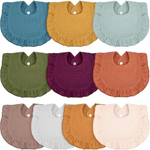 Seematn 10 Pcs Baby Muslin Bibs for Unisex Girls & Boys Drool Bibs Bandana Ruffle Soft Cotton for Newborn Infants Toddlers(Classic Colors)