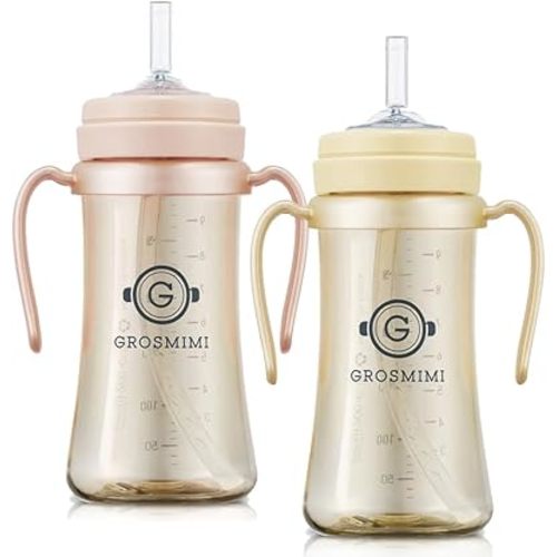 GROSMIMI Spill Proof Magic Sippy Cup with Straw with Handle for Baby and Toddlers, PPSU, BPA Free 10 oz. 2-pack (Peach & Butter)