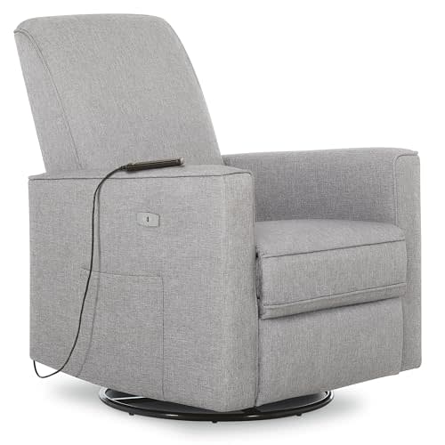 Evolur Harlow Deluxe Upholstered Plush Seating Glide Rocker, Swivel, Power Recliner USB Port with in-Built Massager, Greenguard Gold Certified, Glider Chair for Nursery in Light Grey