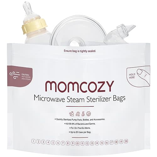 Momcozy Microwave Steam Sterilizer Bags, 20 Count Travel Sterilizer Bags Reusable for Breast Pump Part/Baby Bottle, 20 Uses Per Bag, Breastpump Accessories for Momcozy S9 Pro/S12 Pro/V1/V2, NOT for M5