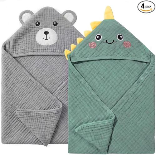 4 PCS Muslin Baby Bath Towels Set, 100% Cotton 2 PCS Animal Hooded Baby Towels 32x32 Inch & 2 PCS Washcloths, Ultra Absorbent & Soft Infant Newborn Essentials Gifts for Boys & Girls, Dinosaur & Bear