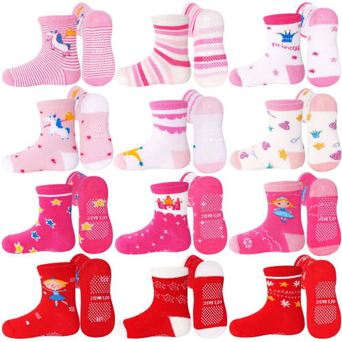 ELUTONG Toddler Socks with Grips Girls Non Slip Anti Skid Crew Socks 12 Pairs Baby Kids Children Cartoon Pattern