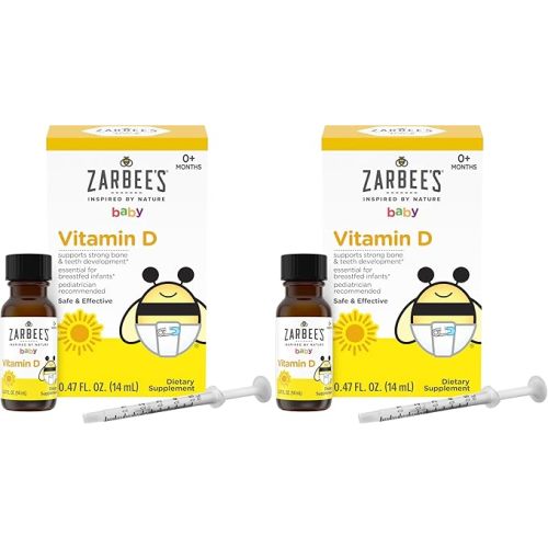 Zarbee's Vitamin D Drops for Infants, 400IU (10mcg) Baby & Toddler Liquid Supplement, Newborn & Up, Dropper Syringe Included, 0.47 Fl Oz