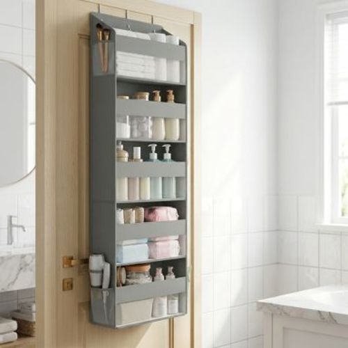 LEDREM Set of 2 Over-the-Door Hanging Organizers, 5-Tier Foldable Storage Shelf with Transparent Pockets & Metal Hooks, Dove Gray