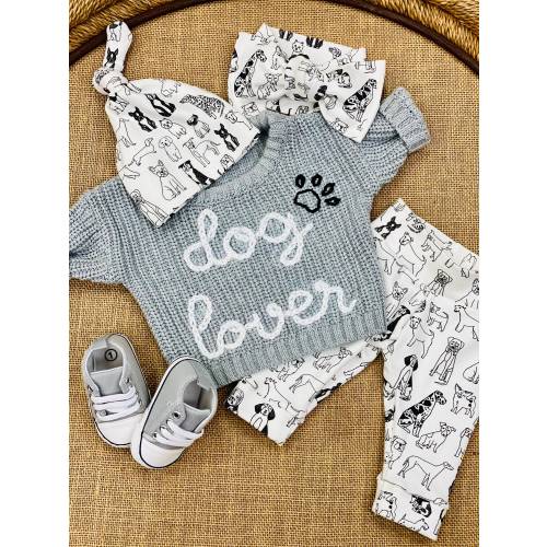 Gender Neutral Baby Coming Home Outfit, Going Home Set Neutral Newborn, Embroidered Sweater Knit Gray Dog Lover, Puppy Dog Pants Hat Bow