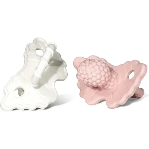 RaZbaby Soft Silicone Infant & Baby Teether, Berrybumps Textured Teething Relief Pacifier 3M+, Soothes Gums, Hands-Free & Easy-to-Hold Fruit-Shaped RaZberry Design, BPA Free, 2-Pack – Pink/White