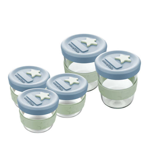 Silicone & Glass Baby Food Storage Containers 5PK 180ml & 120ml  - Cerulean & Sage