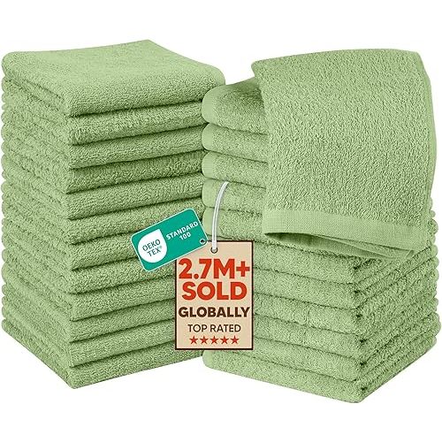 Utopia Towels 24 Pack Cotton Washcloths Set, 100% Ring Spun Cotton, Premium Quality Flannel Face Cloths, Highly Absorbent and Soft Feel Fingertip Towels, Sage Green