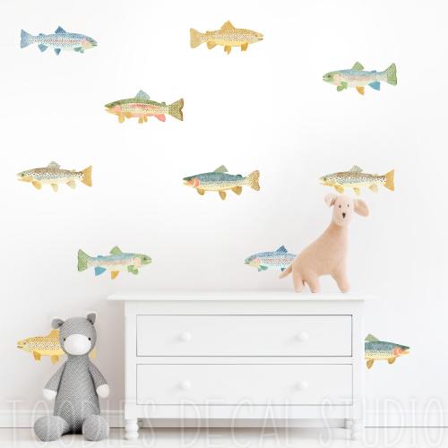 Trout Fabric Wall Decals, Kids Fishing Stickers, Boys Reusable Fish Nursery decor