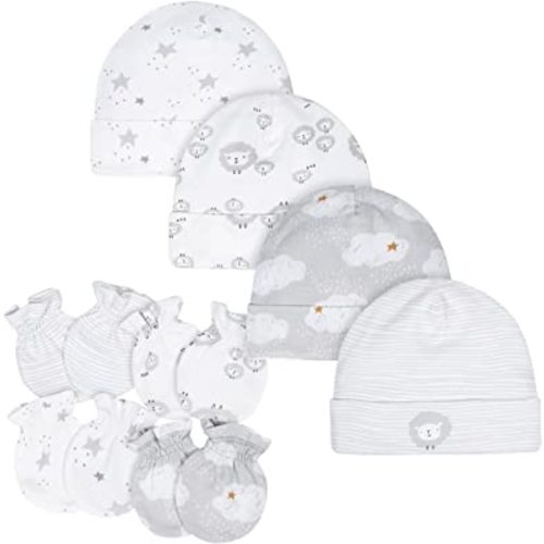 Gerber Unisex Baby Cap and Mitten Sets 8pc Grey Sheep 0-3 Months