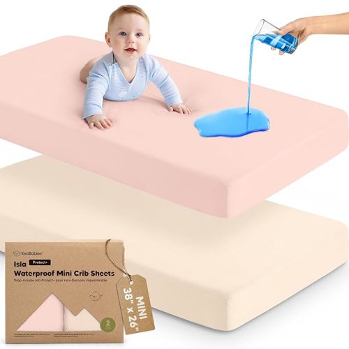 2-Pack Waterproof Pack and Play Sheets, Mini Crib Sheets Fitted for Boy, Girl - 38 x 26 Viscose from Bamboo Pack N Play Mattress Sheets for Graco, Toddler Playard Baby Crib Sheets Neutral (Mist Rose)